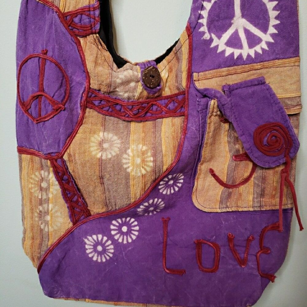 Hippie Peace Sign Crossbody Hobo Bag Funky Fabric Purse Retro Handmade Nepal - Picture 4 of 14